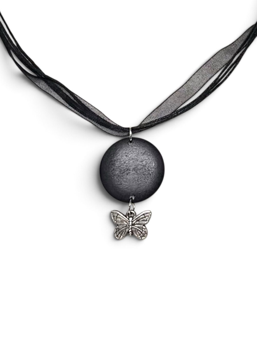 🖤 Wood Disc and Butterfly Pendant Necklace